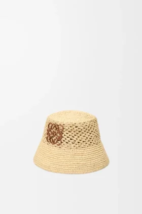 Anagram Bucket Hat in Raffia and Calfskin
