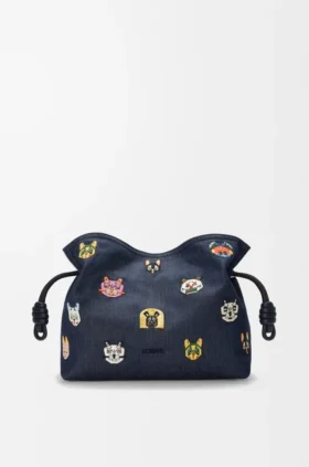 Cats Medium Flamenco Clutch in Embroidered Denim