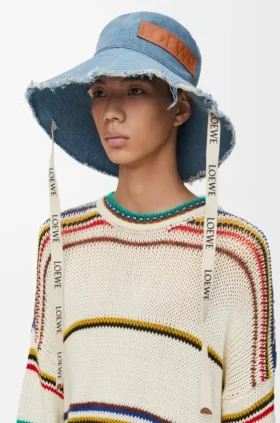 Frayed Fisherman Hat in Denim and Calfskin