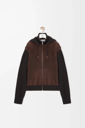 Hybrid Zip-Up Hoodie in Suede Goatskin and Wool Blend