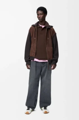 Hybrid Zip-Up Hoodie in Suede Goatskin and Wool Blend