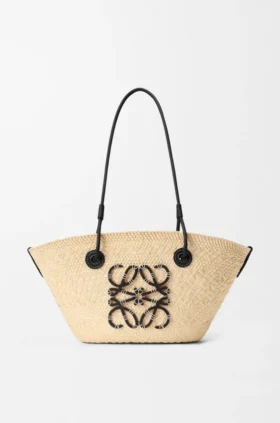 Small Anagram Basket Bag in Iraca Palm and Calfskin