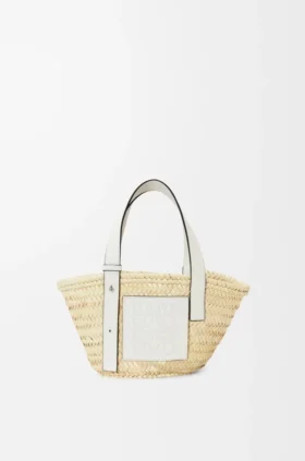 Small Basket Bag in Palm Leaf and Calfskin