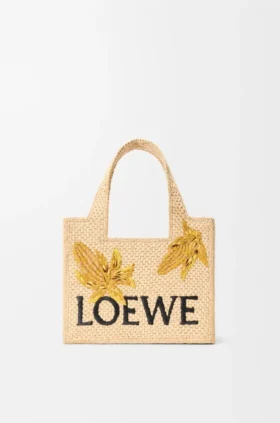 Small Loewe Font Tote in Raffia