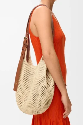 Small Punch Hole Hobo in Raffia and Calfskin Small Punch Hole Hobo in Raffia and Calfskin