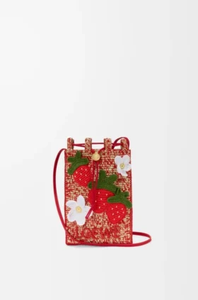 Strawberry Drawstring Pocket in Classic Calfskin and Raffia